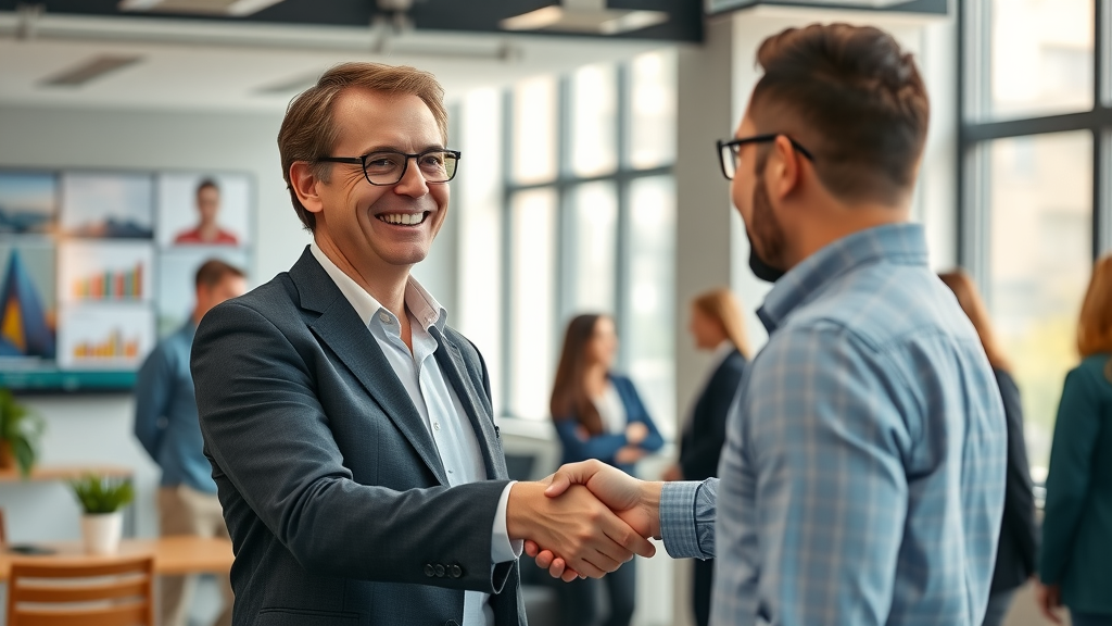 peo services fort worth, HR consultant handshaking small business owner, Fort Worth office, digital displays, confident team in conversation