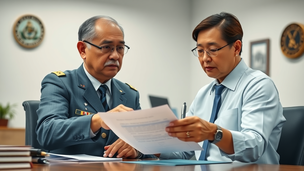 Attentive VA claims officer helping a veteran review VA disability claim documents and discuss veterans disability compensation in a government office