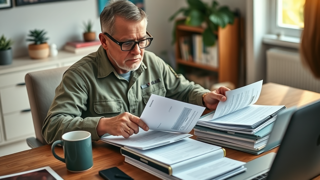 Organized veteran preparing medical and service records for a disability claim process at home for maximum veterans disability compensation