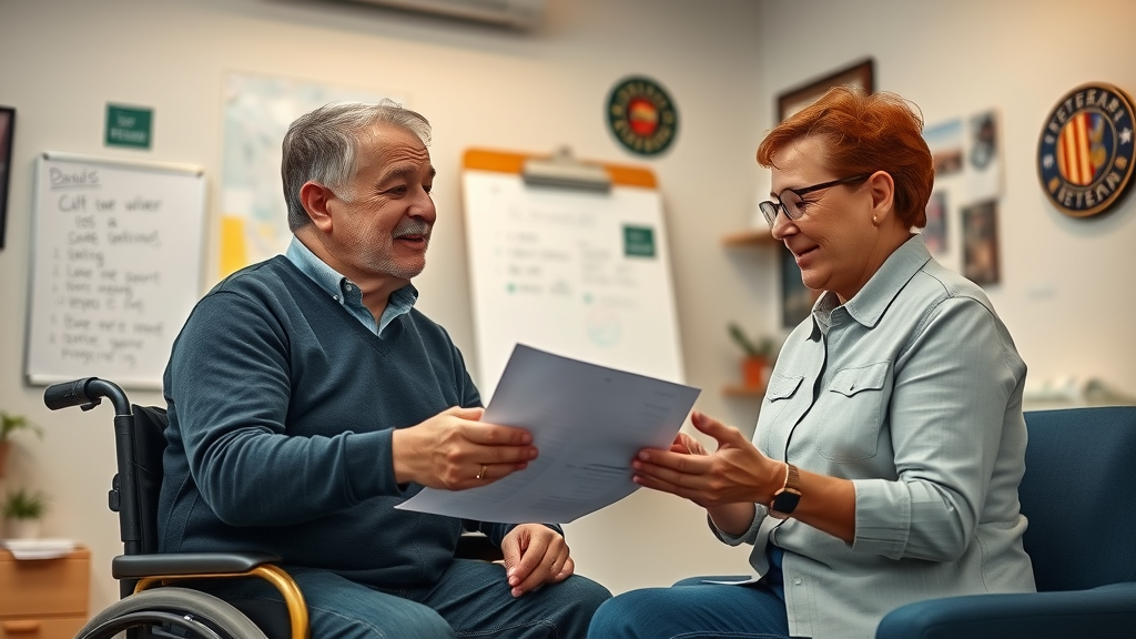 Supportive disability consultant discusses paperwork with a veteran to avoid common VA claims mistakes and increase disability pay