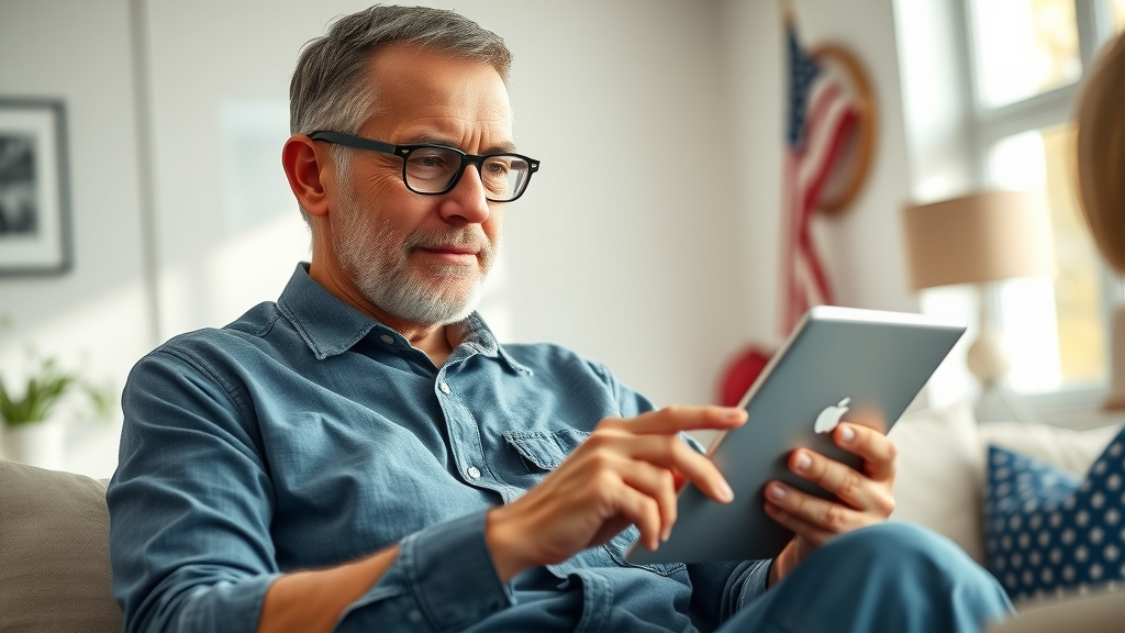 Confident veteran using a tablet to check VA disability compensation resources and file a disability claim online at home