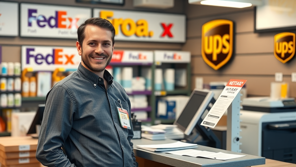 Helpful notary kiosk at a shipping store, local notary public near me available at FedEx Office or UPS Store for walk-in document notarization.