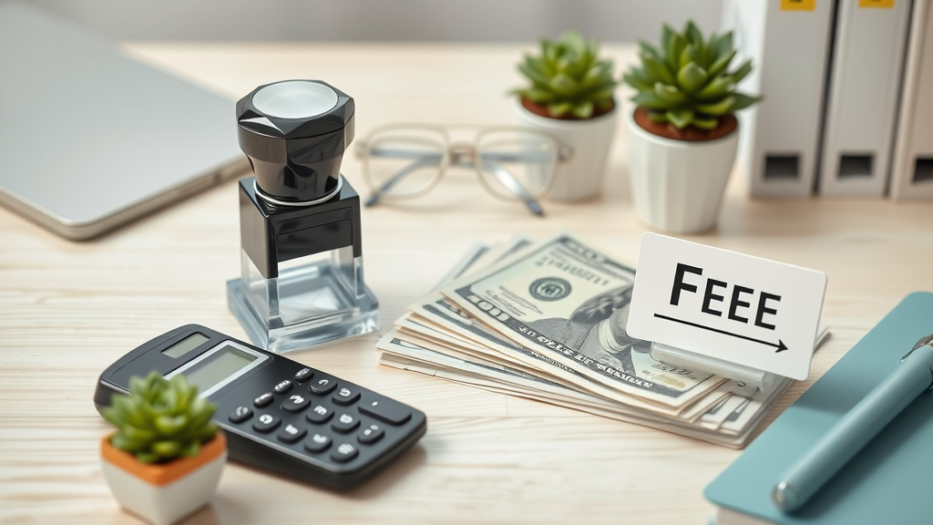 Comparing notary public near me fee icons, with stamps, dollar bills, and calculators representing notary service costs.