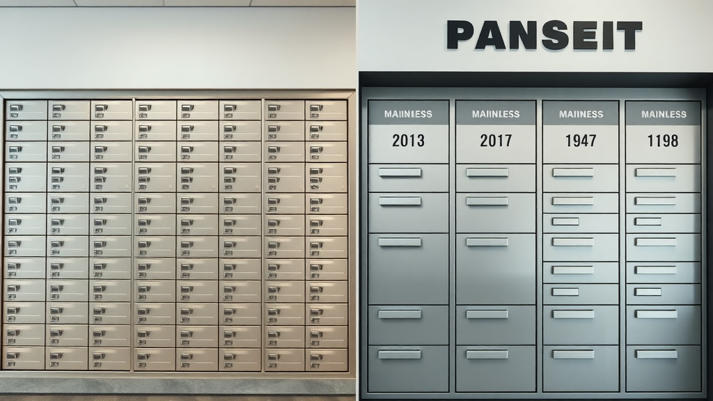 Traditional PO box versus modern business mailbox rental: side-by-side comparison in a postal lobby and private mailbox store