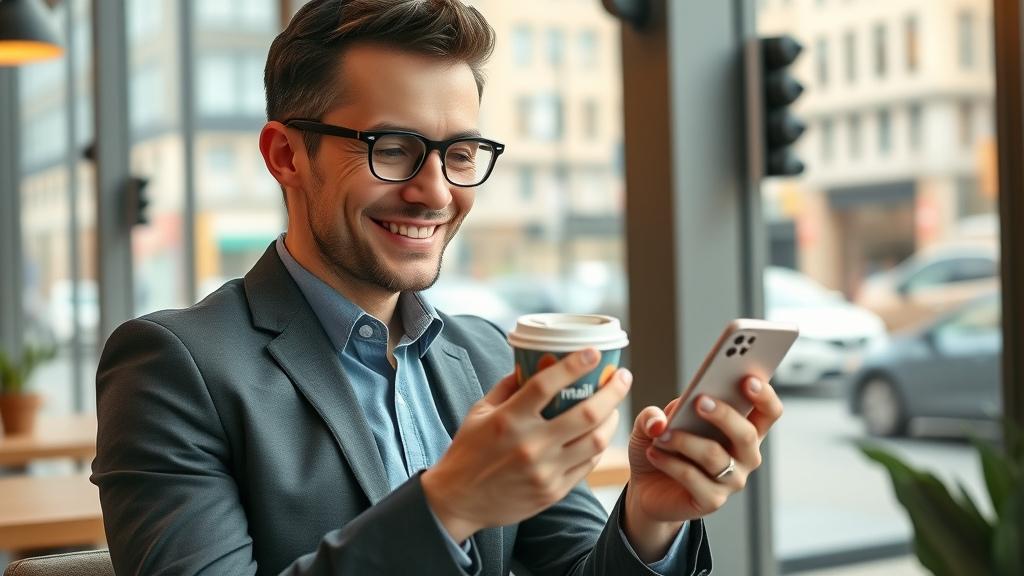 Happy business owner managing digital mail on smartphone in contemporary café, reflecting responsive and secure mailbox rental experience