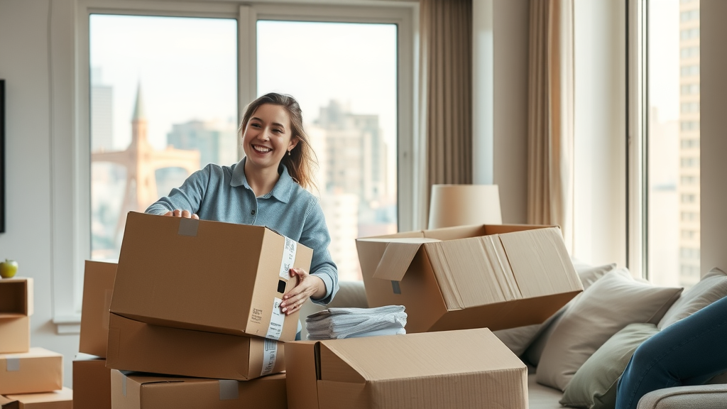 Busy San Francisco apartment scene: Young couple packing belongings into sturdy moving boxes for a seamless, cost-effective move – shipping boxes San Francisco deals