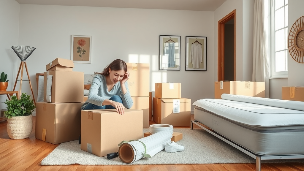 Organized moving supplies collection: Moving boxes, bubble wrap, tape, mattress bag, wardrobe box neatly arranged in a cozy San Francisco apartment – moving supplies San Francisco