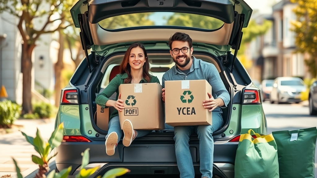 Eco-friendly moving supplies: Couple placing recycled shipping boxes into an electric car trunk – eco-friendly shipping boxes San Francisco