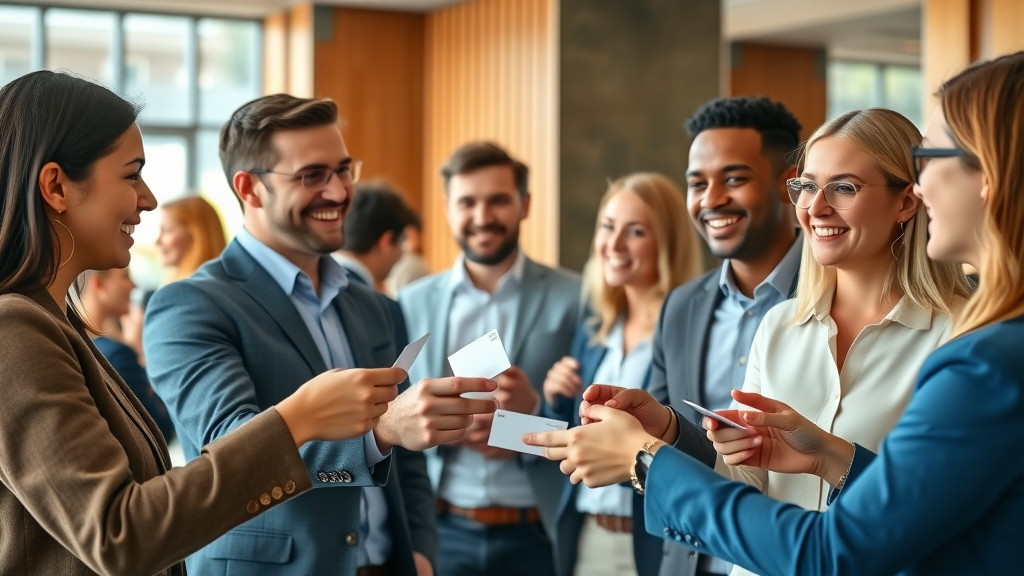 Diverse professionals exchanging high-quality business cards at an upbeat networking event, showcasing premium design from a business card print shop