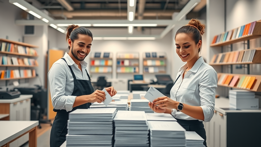 Modern print shop interior with staff arranging glossy and matte business cards, emphasizing quality and customization options for business card printing service