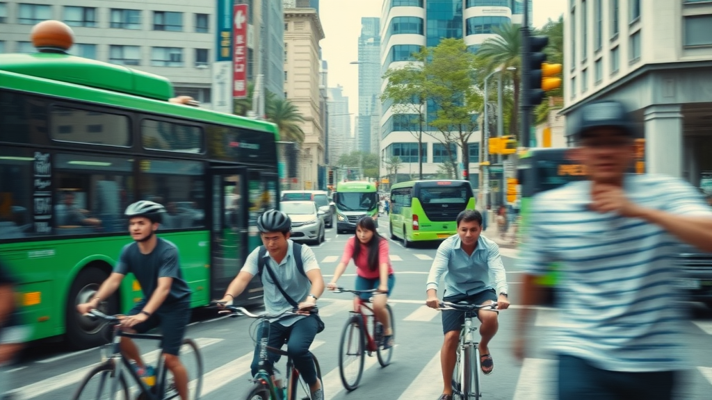Commuters biking and walking in a vibrant city, illustrating healthy movement like strategic audience targeting in digital marketing.