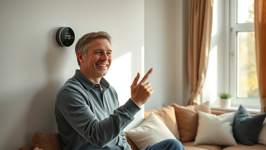 Person adjusting a smart thermostat in a modern apartment, symbolizing optimization and efficiency in digital marketing strategies.
