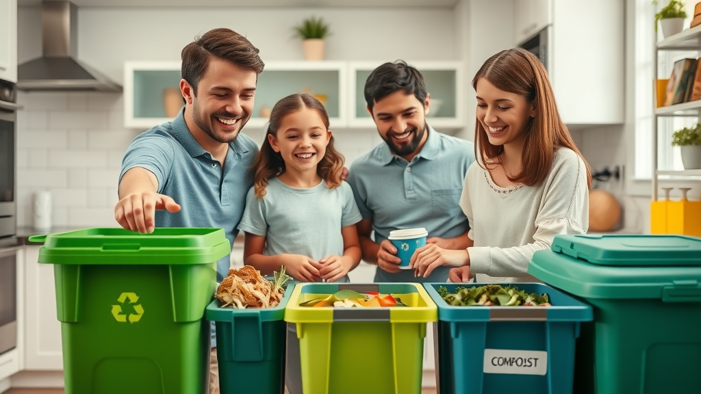 Young family sorting recycling and compost in a vibrant kitchen, representing resourcefulness and repurposing in digital marketing campaigns.