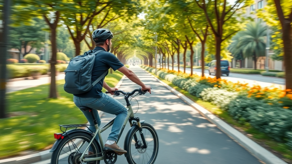 Enthusiastic commuter riding an e-bike in a green city corridor, representing innovative and fast-moving digital marketing channels.