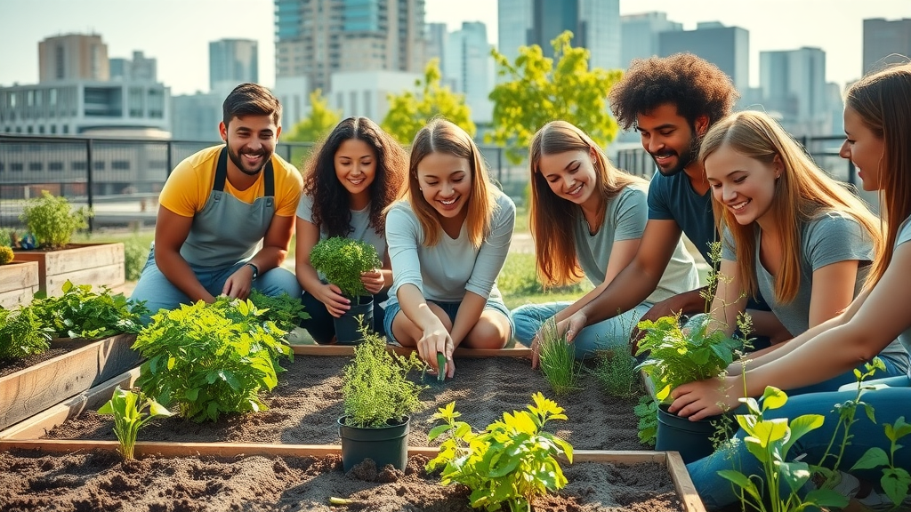 Diverse group planting herbs in an urban community garden, symbolizing growth and community building in digital marketing efforts.