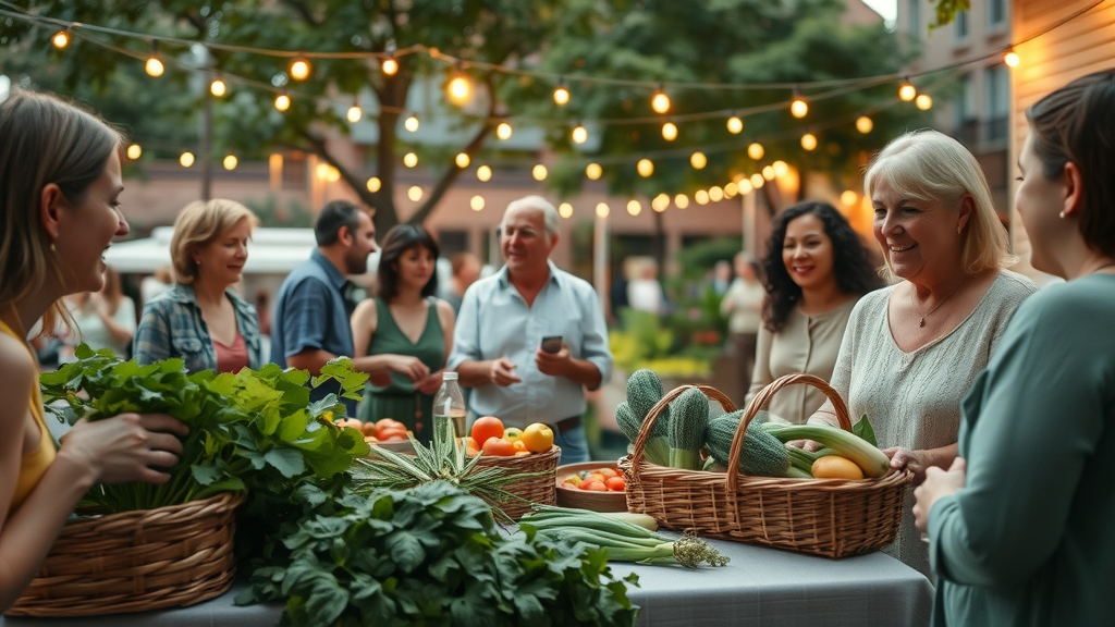 Neighbors sharing homegrown produce at a neighborhood block party, mirroring collaboration and knowledge-sharing in digital marketing strategies.