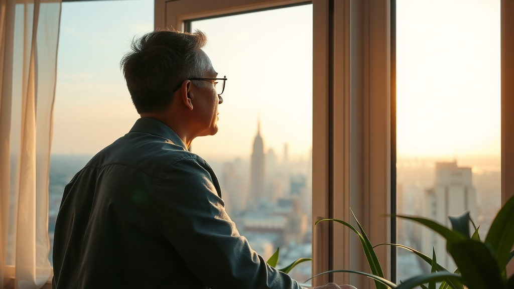 Pensive adult looking over cityscape through window, symbolizing reflection and optimism for the future of digital marketing.
