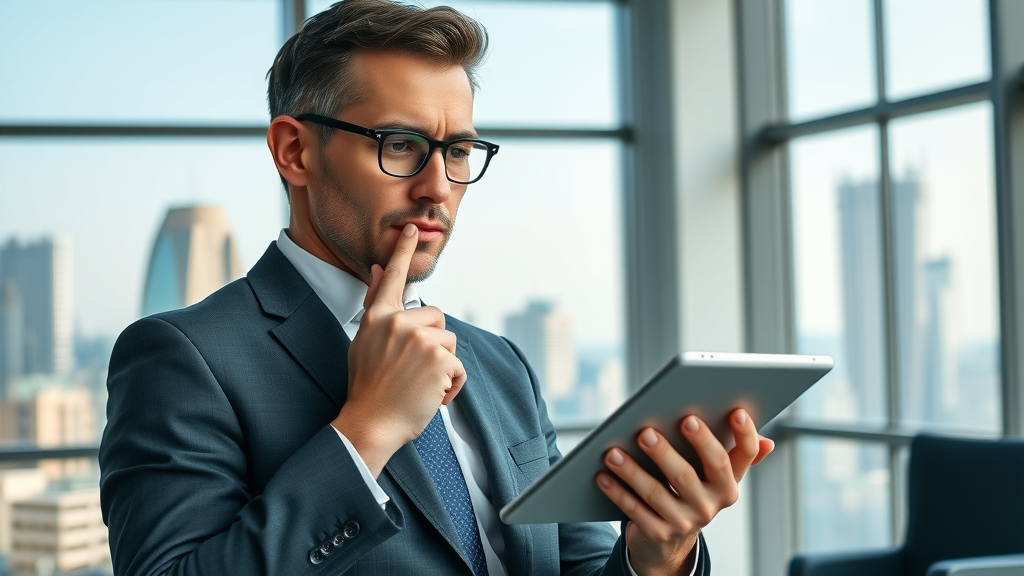 Confident business executive reviewing agency portfolios to select the best content creation marketing agency