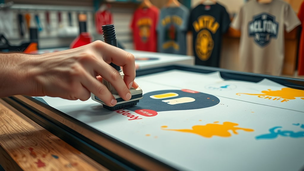 customization store near me close-up screen printing action on custom shirts photorealistic workbench macro focus