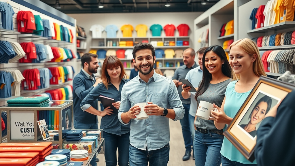customization store near me product display custom shirts mugs frames happy customers photorealistic showroom wide-angle