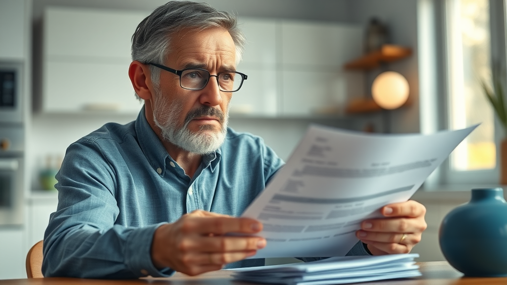 Worried homeowner reviews water well repair bill—concerned expression, sitting at kitchen table examining documents, water well maintenance plan financial stress