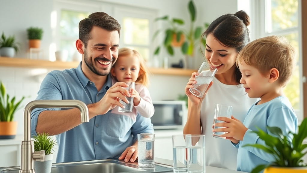Family drinking clear water at home—annual well maintenance plan results, safe water quality, clean drinking water for whole family