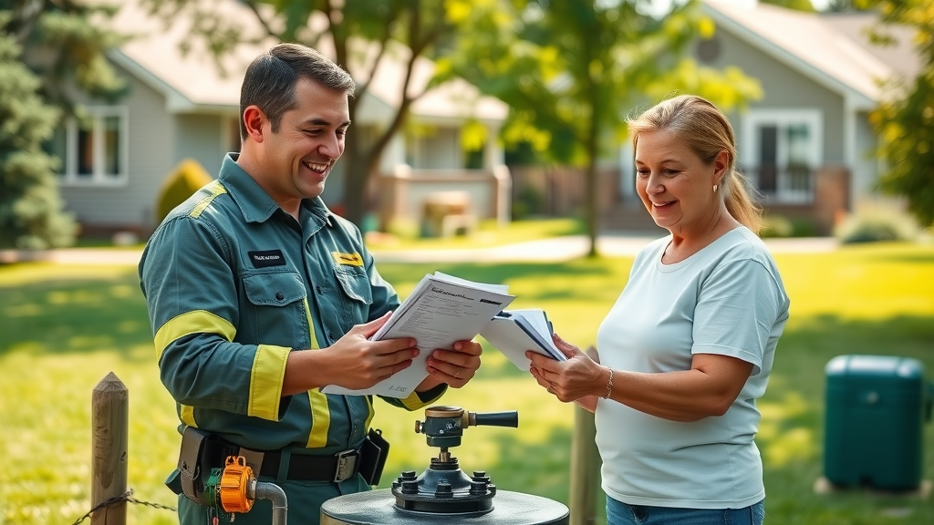 Technician and homeowner reviewing annual well maintenance plan checklist—wellhead, maintenance help, pressure tank and water test