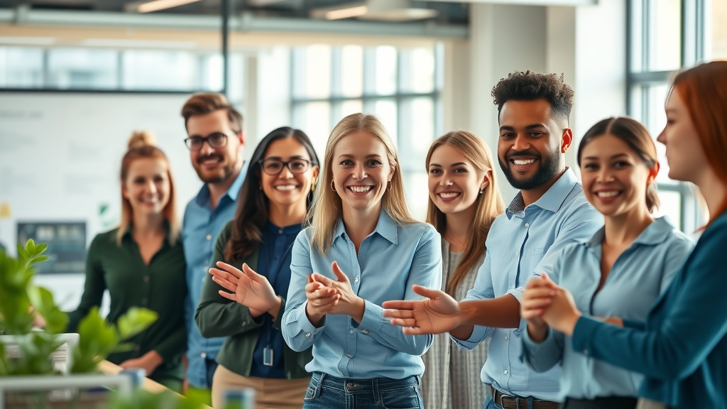 Bright, optimistic group of diverse employees in a modern office — friendly smiles, relaxed body language, styled as photorealistic, set in a contemporary co-working space. This image highlights 