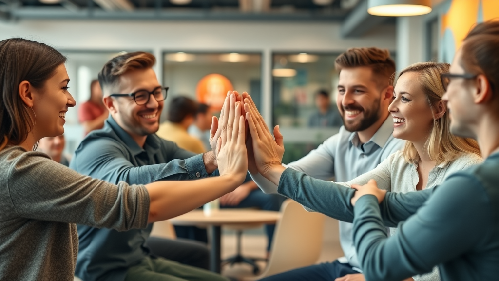Cheerful workplace scene of peer-to-peer appreciation, demonstrating how employee recognition and team member engagement can be achieved without overextending budgets.