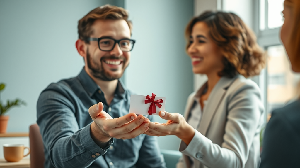 Uplifting, candid image: Employee receives a small gift card—an example of personalizing employee rewards for appreciation and retention, showing value without overspending.
