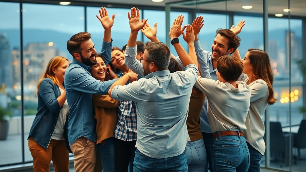 Energetic team celebrating a successful project, exemplifying how recognition programs can make employees feel valued without overextending budgets.
