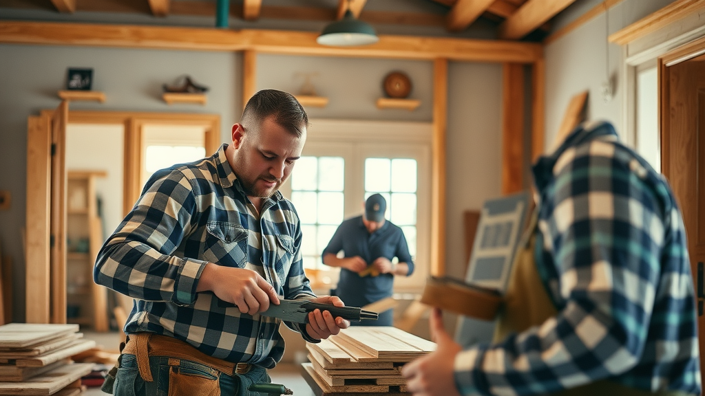 home remodeling project GBP images with professional team at work, lively renovation scene, and craftsmanship details