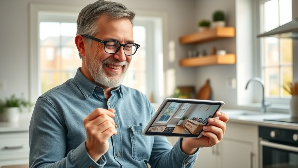 happy homeowner reviewing before and after GBP image gallery on tablet in kitchen after remodeling