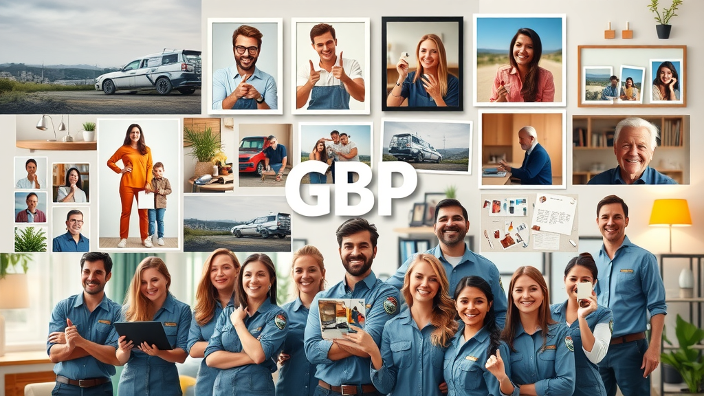 Diverse collage of GBP images for remodeling: wide before/after shots, close-ups, team photos, project celebrations