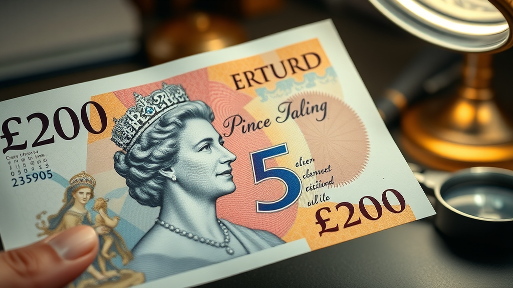 closeup of authentic British pound note showing security elements, portrait, and holographic features