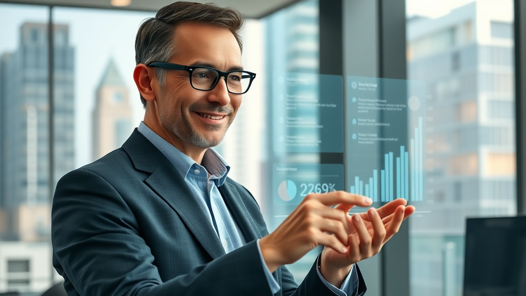 Business coach empowered by ai coaching assistant reviewing smart dashboard