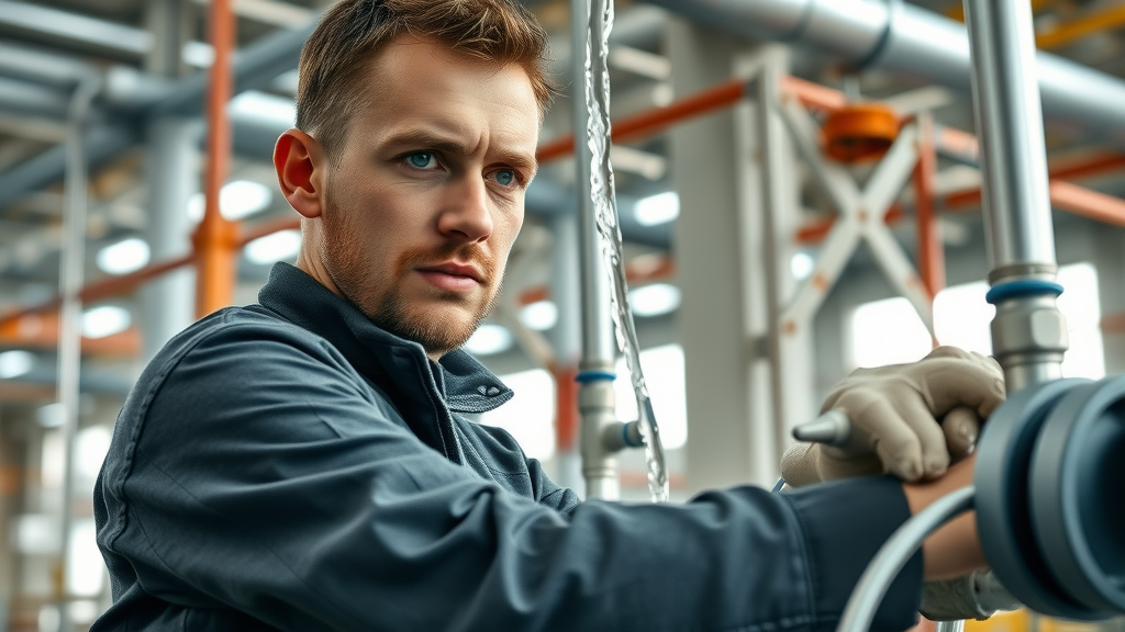Commercial plumber at work handling complex piping systems in building