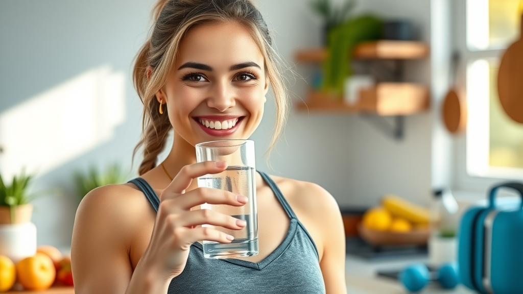 Smiling woman holding a glass of water in a bright kitchen with fresh fruits and fitness gear, water and weight loss