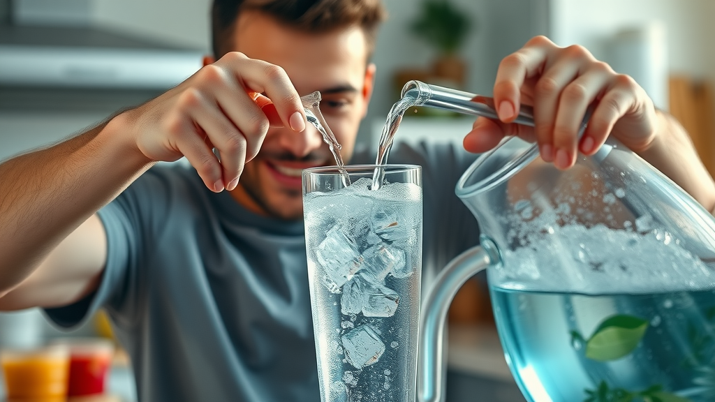Pouring cold water into a glass, demonstrating how cold water and thermogenesis support weight loss