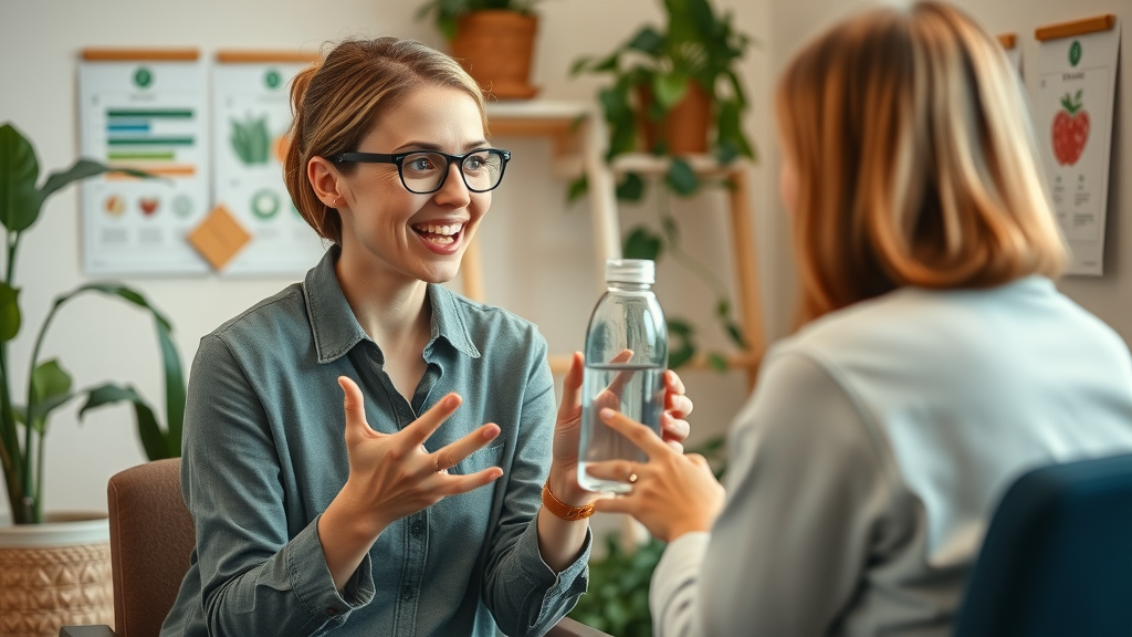 Dietitian counseling client with water bottle, highlighting the importance of water and weight management