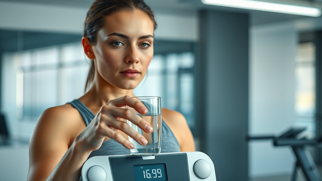 Body composition scale and water glass represent water intake effects on body fat and body mass index