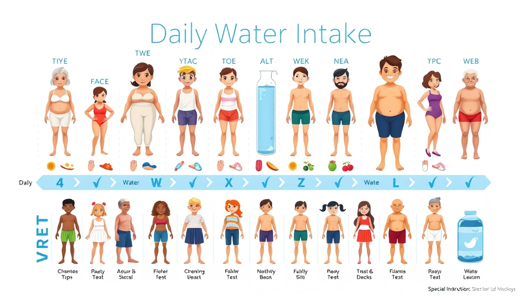 Daily water intake chart for age and BMI, water and weight loss infographics