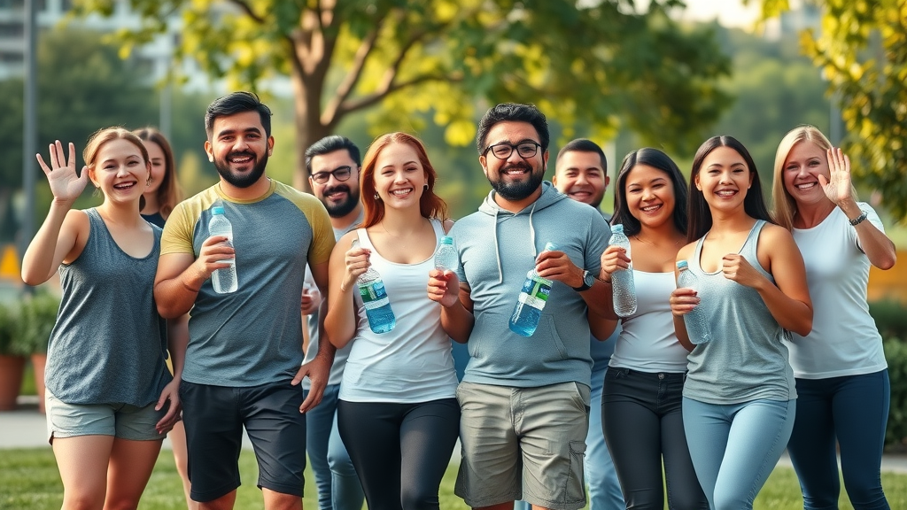 Motivated adults with water bottles celebrating weight loss progress, drinking more water