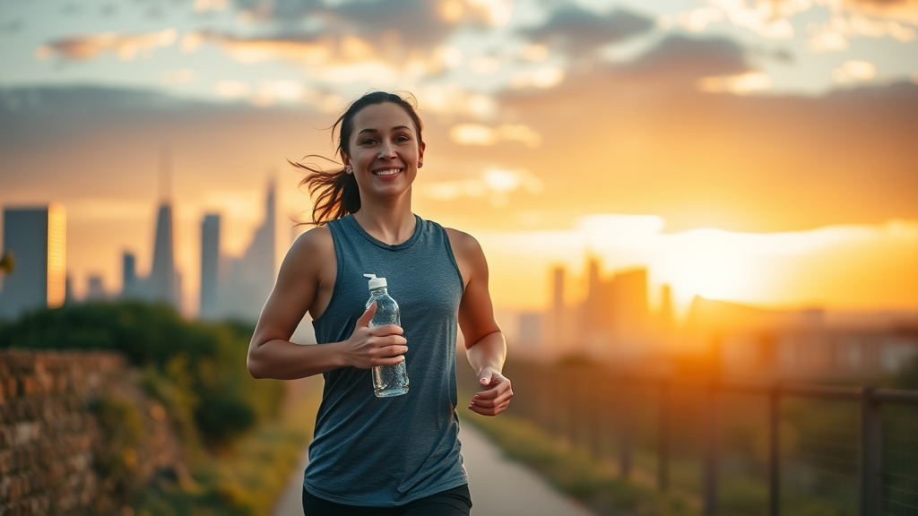 Fitness enthusiast confident with water bottle, water and weight loss