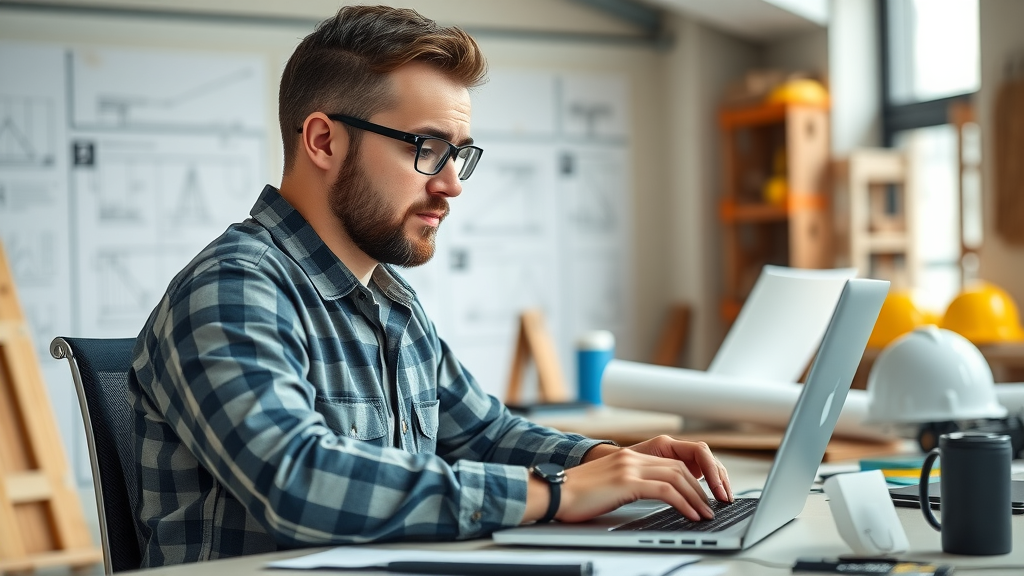Professional construction contractor at a desk typing on laptop. Construction blog strategy in a modern jobsite office with blueprints and safety gear in background.