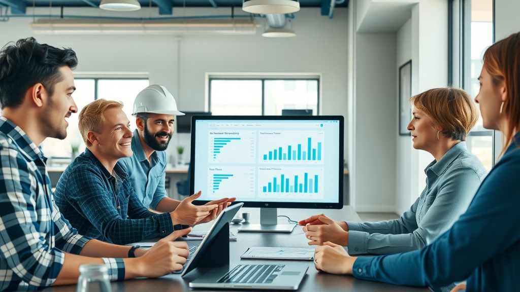 Successful construction team discussing digital contractor blogging strategy with blog traffic analytics on screens.