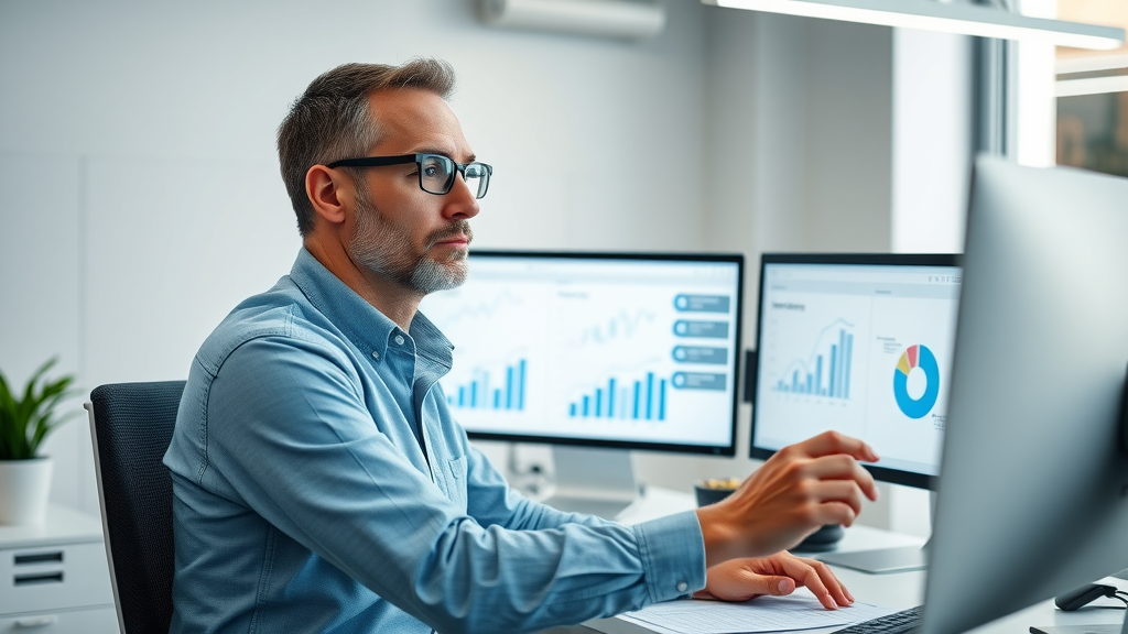 Construction company owner reviewing contractor blogging analytics and performance charts in a modern office.