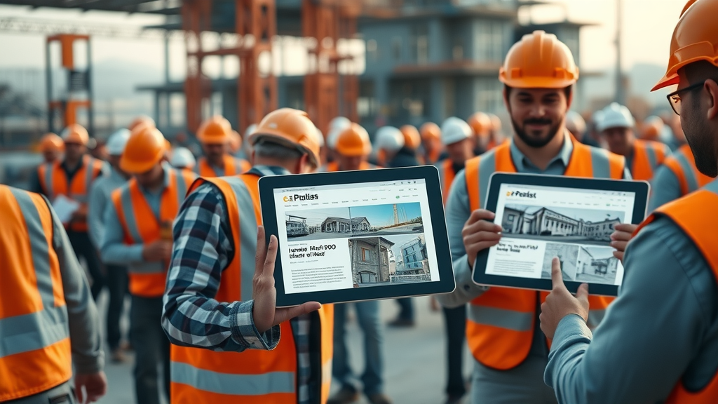 Modern construction jobsite where blog posts blend with onsite construction work using digital marketing tools.