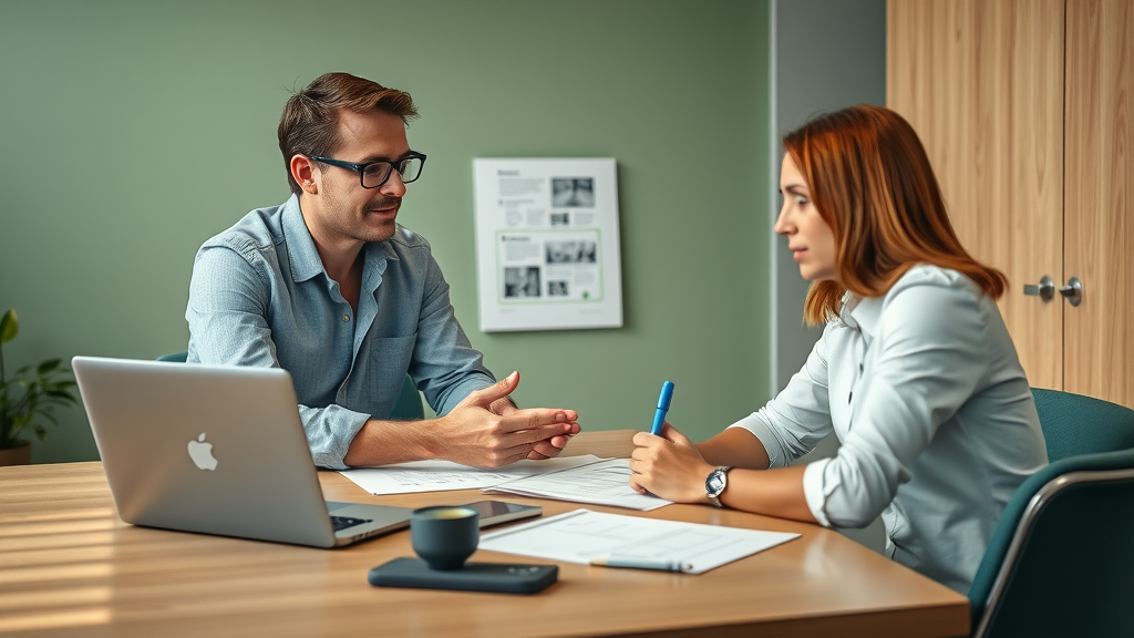 Project manager briefing a professional writer on blog content requirements for contractor blogging in a modern office.