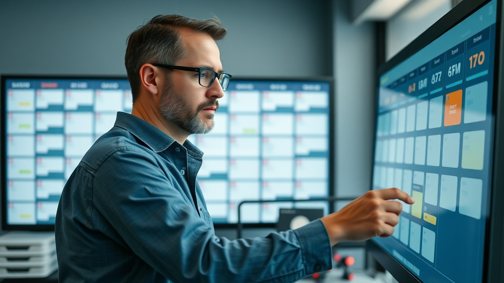Experienced project manager organizes contractor blogging editorial calendar on a digital board in a high-tech office.